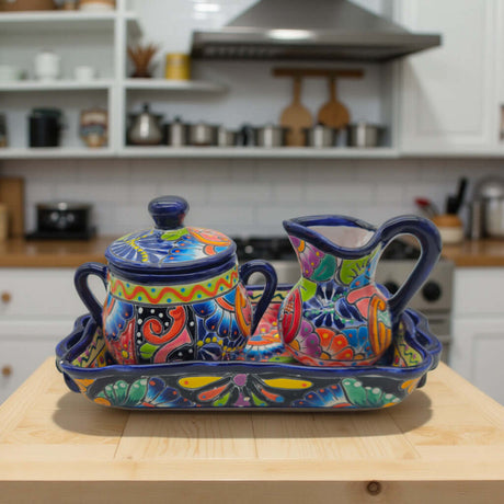 Colorful Talavera Coffee Serving Set | Handcrafted 3-Piece Set on wooden counter with hand-painted floral and geometric motifs