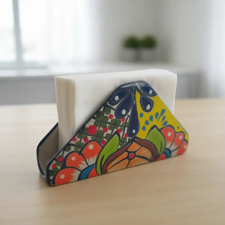 Colorful Talavera Napkin Holder | Mexican Ceramic Table Decor hand-painted floral geometric motifs in blue yellow green orange