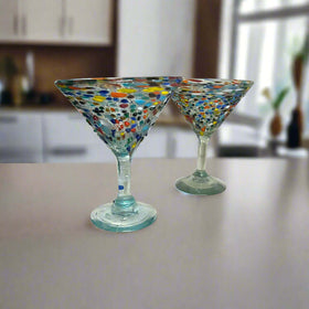Confetti Pebbled Martini Glass | Hand-Blown Mexican Barware—pair of colorful hand-blown martini glasses with pebbled confetti pattern from Guanajuato, Mexico