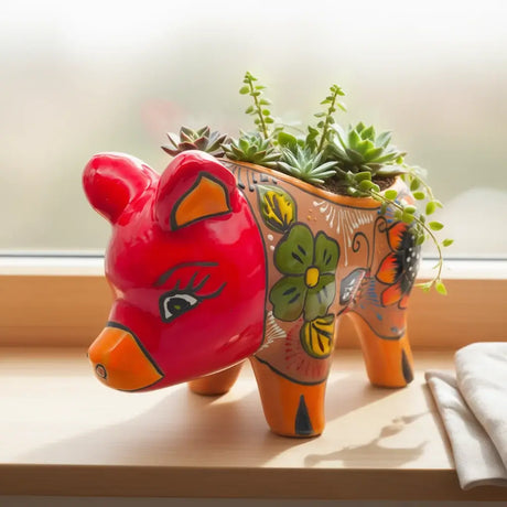 Handmade Talavera Pig Planter | Mexican Terracotta Art with succulents