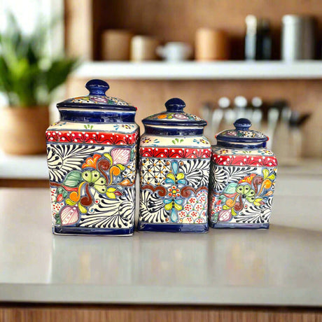 Talavera Canister Set | Dark Blue Mexican Kitchen Storage Jars hand-painted cobalt blue floral ceramic 3-piece set from Guanajuato, Mexico