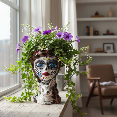 The Talavera Hub Day of the Dead lady planter with a bunny, hand-painted ceramic with sugar skull face, purple, red, green details.