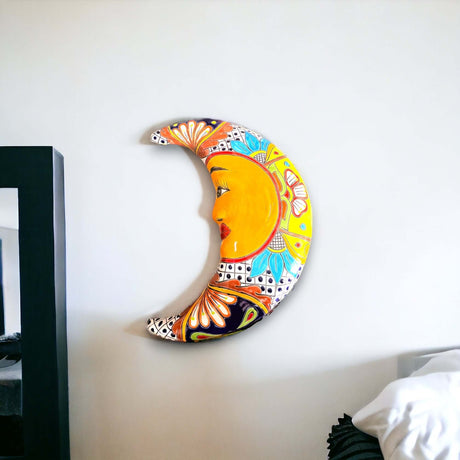 Extra Large Talavera Moon Wall Art | Mexican Handmade Ceramic Decor - hand-painted Talavera moon wall decor from Guanajuato, vibrant colors