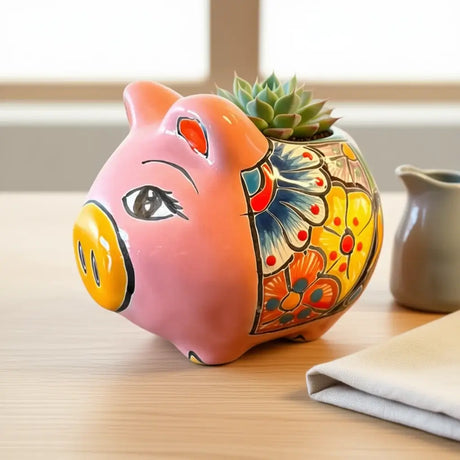 Mexican Talavera Pig Planter | Vibrant Handmade Ceramic Decor on table