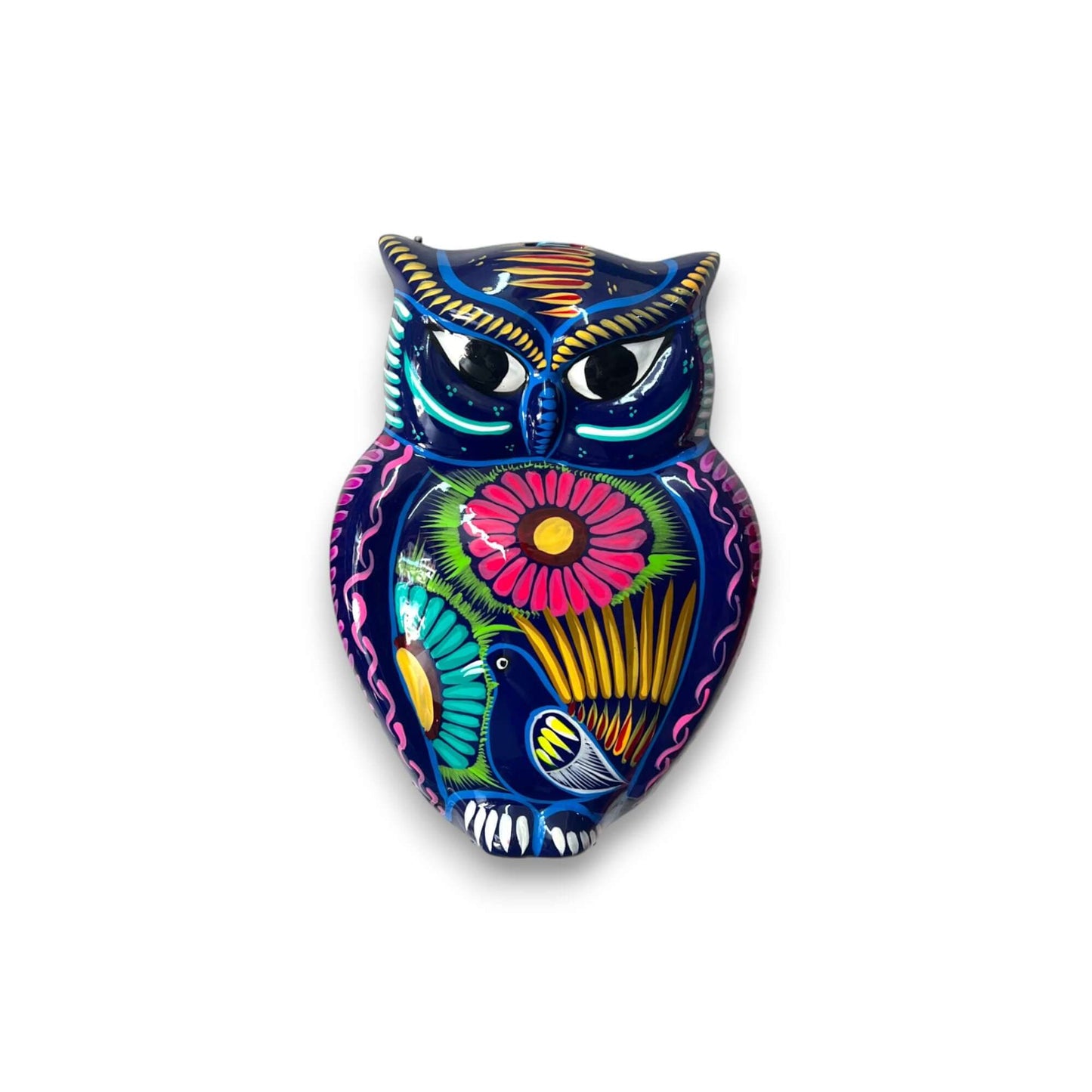 Guerrero Owl Wall Hanging | Colorful Mexican Ceramic Art Piece - hand-painted blue owl with flowers, bird motifs and glossy lead-free glaze