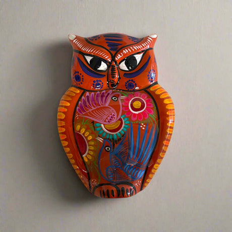 Guerrero Owl Wall Hanging | Colorful Mexican Ceramic Art Piece — hand-painted orange Talavera owl with flowers and birds, kiln-fired, lead-free glaze
