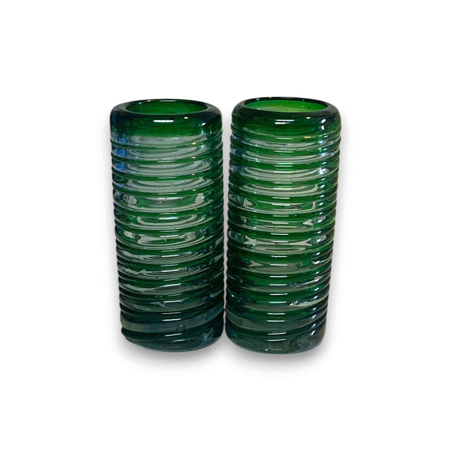 Mexican Double Shot Glass | Hand-Blown Green Swirl Barware — pair of handcrafted ribbed green hand-blown double shot glasses from Guanajuato, Mexico