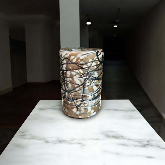 Hand-Blown Mexican Drinking Glass | Brown & White Mocha Mix Glassware on marble table, artisan hand-blown lead-free glass with brown white mocha swirls