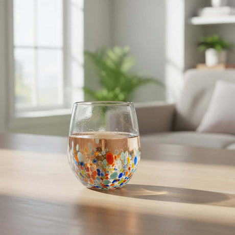 The Talavera Hub Hand-Blown Mexican Stemless Wine Glass with confetti pattern in red, blue, orange, and green.