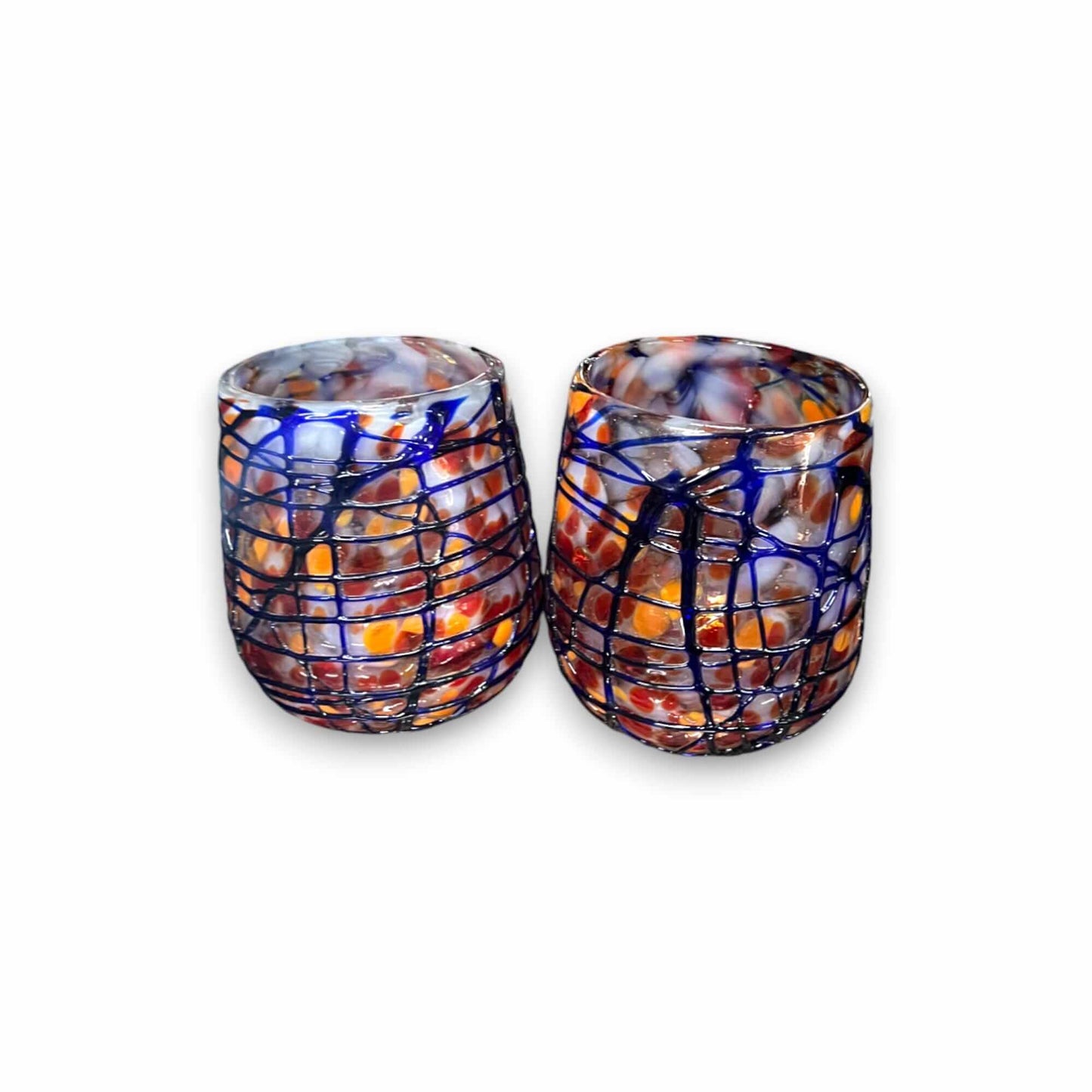 Mexican Stemless Wine Glass | Hand-Blown Orange & Blue Swirl – pair of hand-blown lead-free recycled glass tumblers with orange and blue swirls
