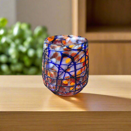 Mexican Stemless Wine Glass | Hand-Blown Orange & Blue Swirl - artisan hand-blown recycled glass with orange and blue swirl pattern