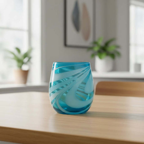 The Talavera Hub hand-blown stemless wine glasses with teal and white swirl design. Recycled glass, 12 oz capacity.