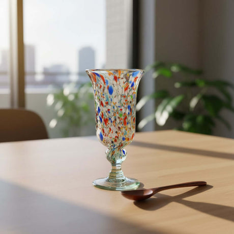 The Talavera Hub hand-blown Mexican sundae glass with confetti rock design, featuring red, blue, orange, and green speckles on a flared rim and pedestal base.