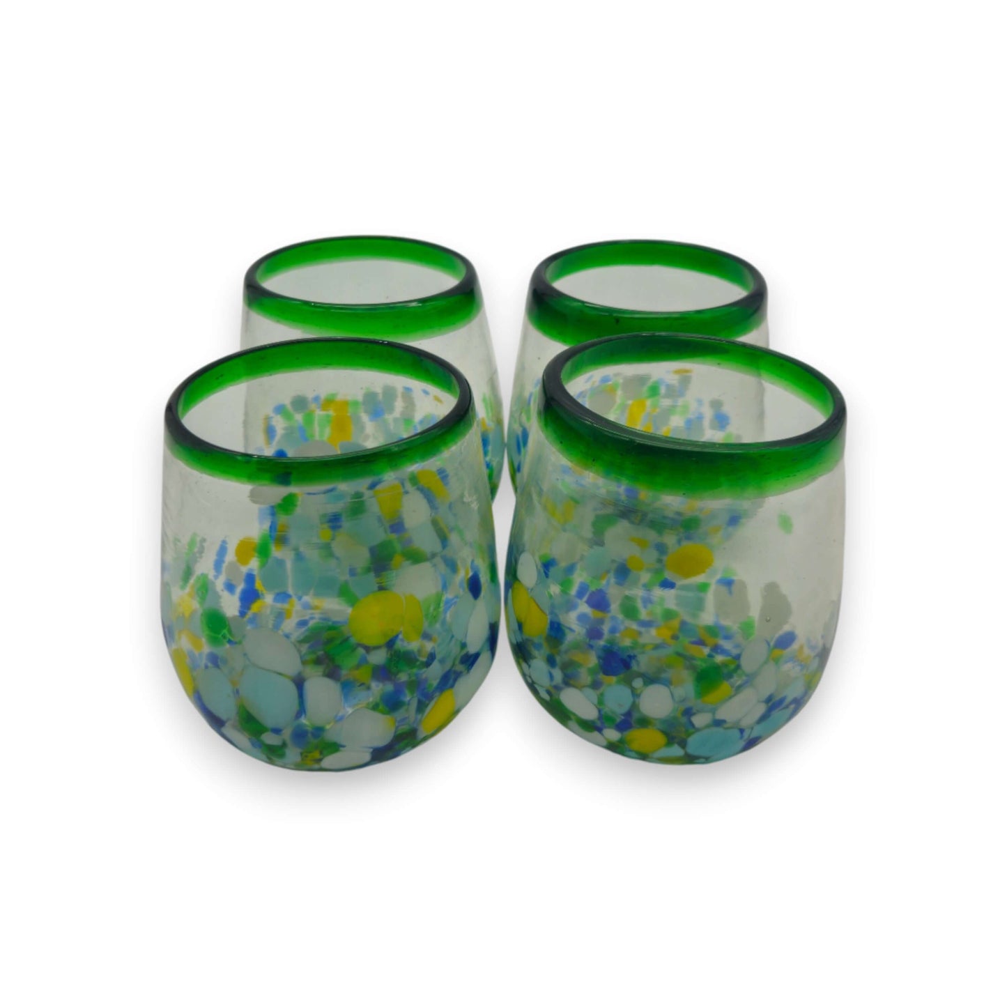 Hand-Blown Stemless Wine Glass | Mexican Confetti with Green Rim - set of four hand-blown lead-free glasses with green rim and blue, yellow confetti pattern