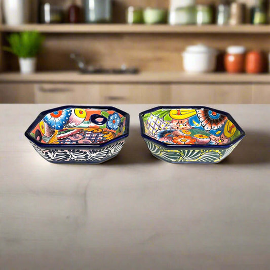 6.5" Square Talavera Bowl | Hand-Painted Mexican Dinnerware - hand-painted vibrant floral square ceramic bowl from Guanajuato, lead-free glaze, festive colors