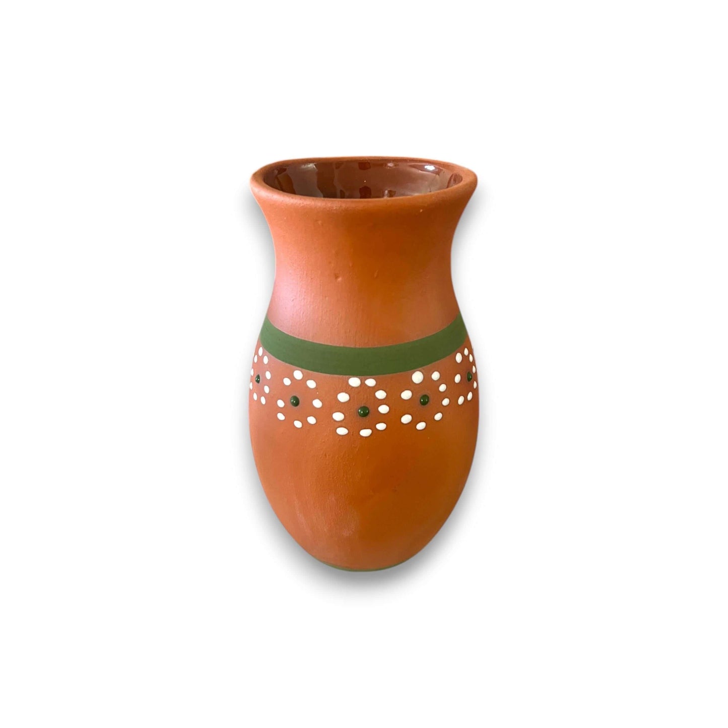 Hand-Painted Barro Talavera Vase | Vibrant Mexican Flower Pot - handcrafted terracotta vase with green band and white dot floral pattern