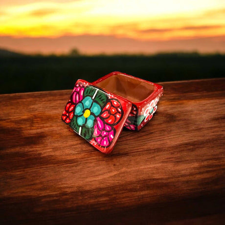 Colorful Hand-Painted Guerrero Jewelry Box | Mexican Ceramic Earring Holder handcrafted Talavera-style floral ceramic jewelry box on wood