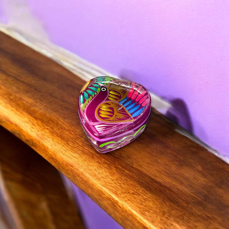 Hand-Painted Guerrero Heart-Shaped Jewelry Box | Mexican Ceramic Earring Holder - hand-painted colorful Guerrero heart jewelry box on wood