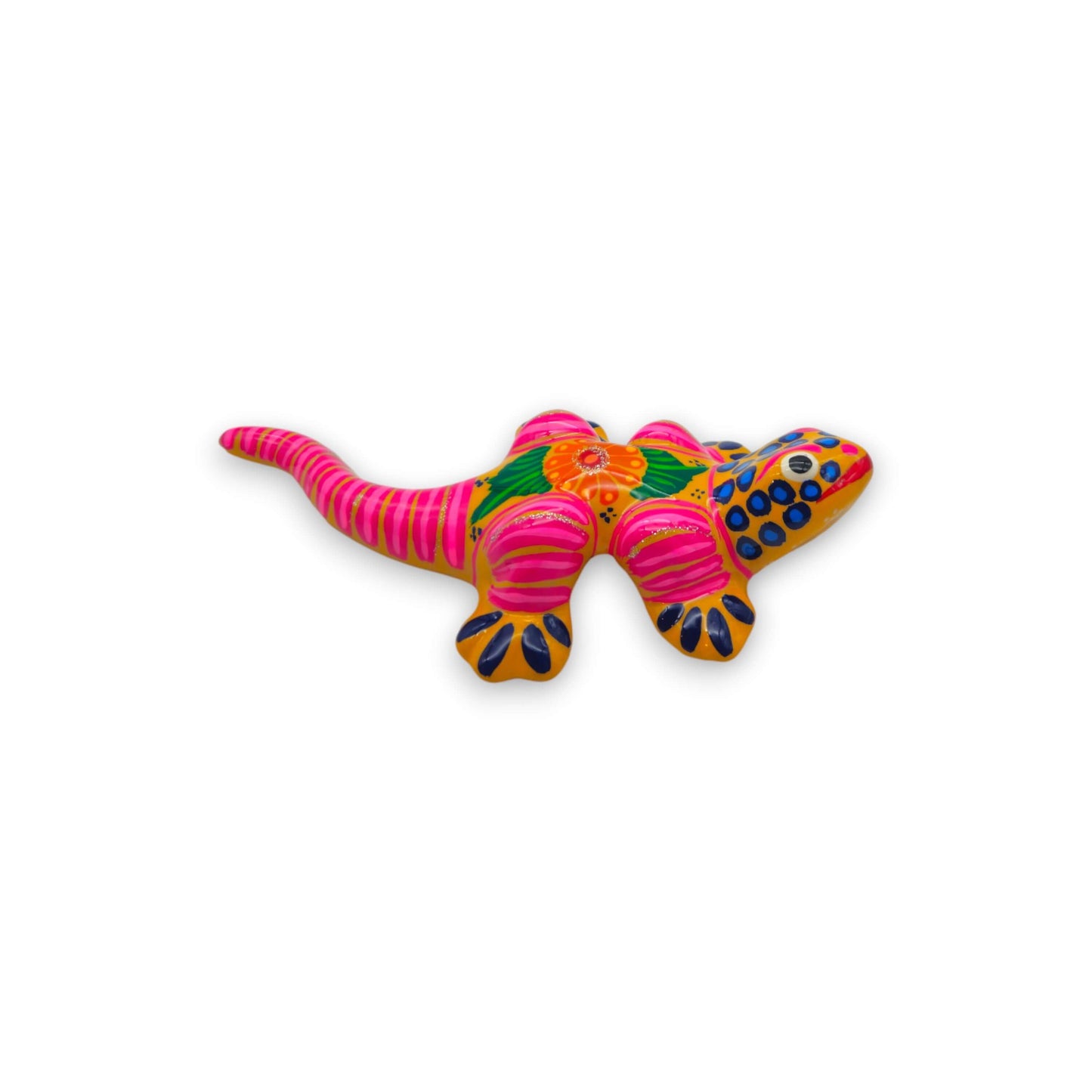 Vibrant Guerrero Gecko Figurine | Hand-Painted Mexican Folk Art - pink and green striped hand-painted ceramic gecko with floral motif