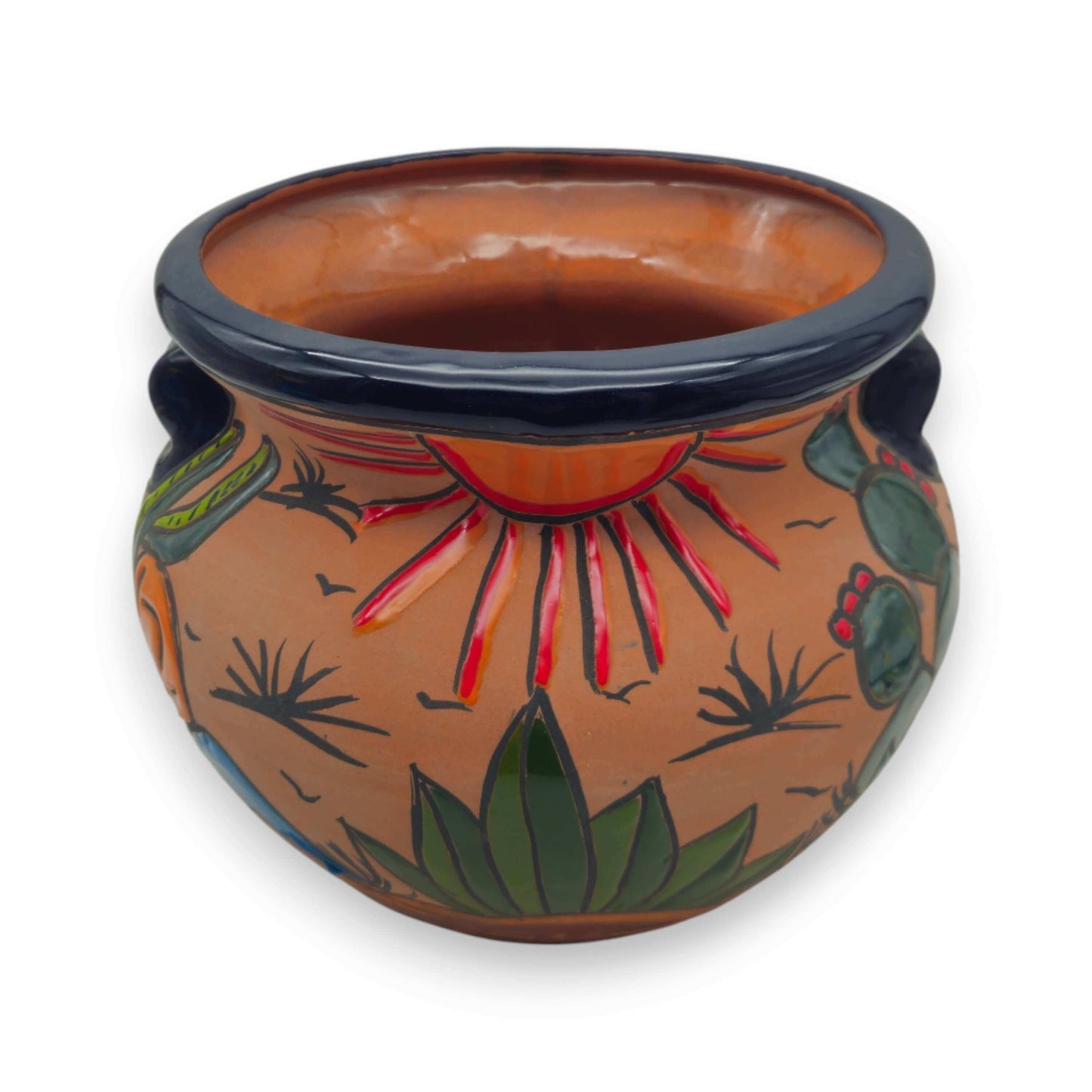 Mexican Talavera Terracotta Planter | Hand-Painted Desert Pot showing sunburst, cacti and agave motifs in orange, green and blue hand-painted terracotta