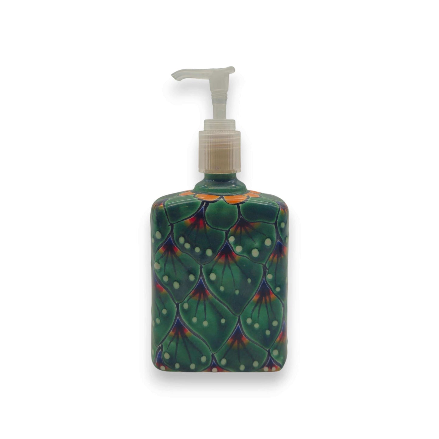 Peacock Feather Talavera Soap Dispenser | Hand-Painted Ceramic - hand-painted green peacock feather ceramic soap dispenser with pump, Guanajuato artisan