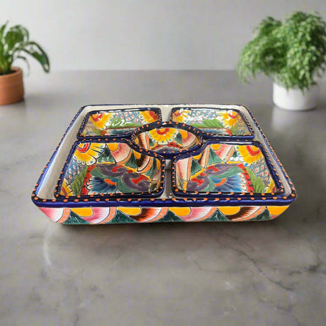 Square Talavera Appetizer Tray | Hand-Painted Mexican Serving Dish showcasing a colorful hand-painted square Talavera appetizer tray with five sections
