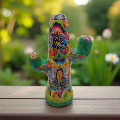 Hand-Painted Talavera Cactus | Vibrant Mexican Ceramic Art - hand-painted green Talavera cactus statue with multicolor floral and geometric motifs