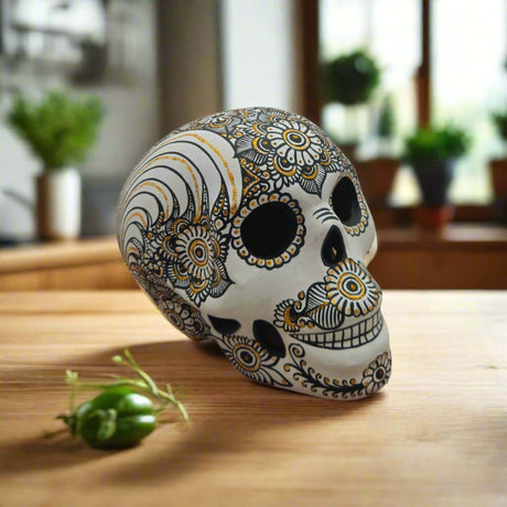 Talavera Calavera Skull | Hand-Painted Ceramic Decor — hand-painted black white gold floral Day of the Dead ceramic skull