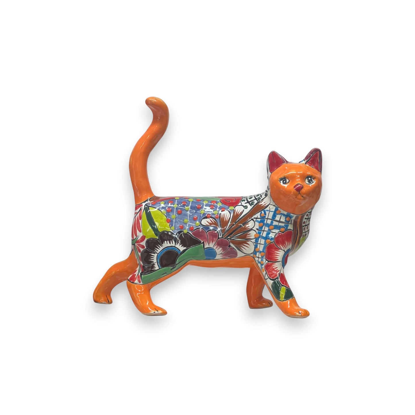 Talavera Cat Figurine | Hand-Painted Mexican Folk Art - colorful hand-painted floral cat figurine from Guanajuato, raised tail, lead-free glaze