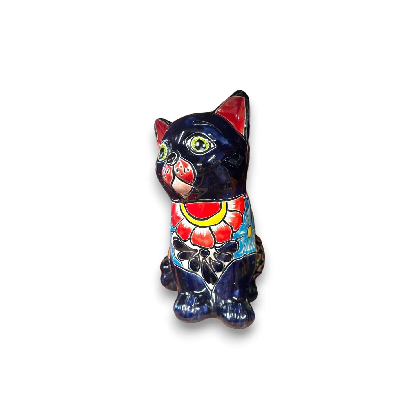 Talavera Cat Figurine | Hand-Painted Mexican Folk Art Home Decor - hand-painted blue ceramic cat with orange, red and blue floral patterns