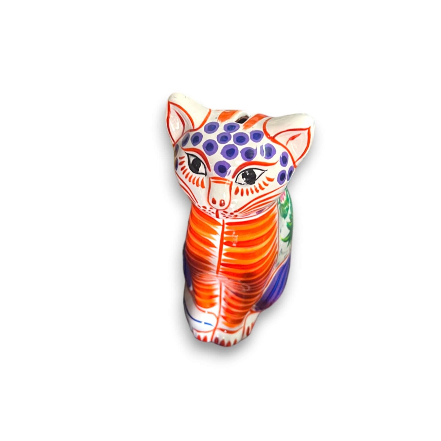 Talavera Cat Piggy Bank | Hand-Painted Mexican Ceramic Coin Holder - hand-painted rainbow floral cat coin bank, kiln-fired lead-free glaze