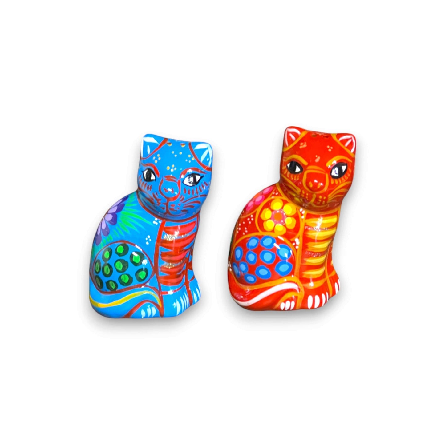 Set of 2 Talavera Cat Salt and Pepper Shakers | Hand-Painted Ceramic - blue and red hand-painted ceramic cat salt and pepper shakers