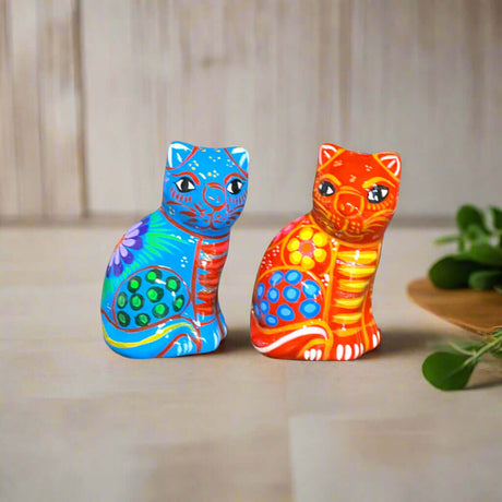 Set of 2 Talavera Cat Salt and Pepper Shakers | Hand-Painted Ceramic - colorful blue and red hand-painted ceramic cat shakers