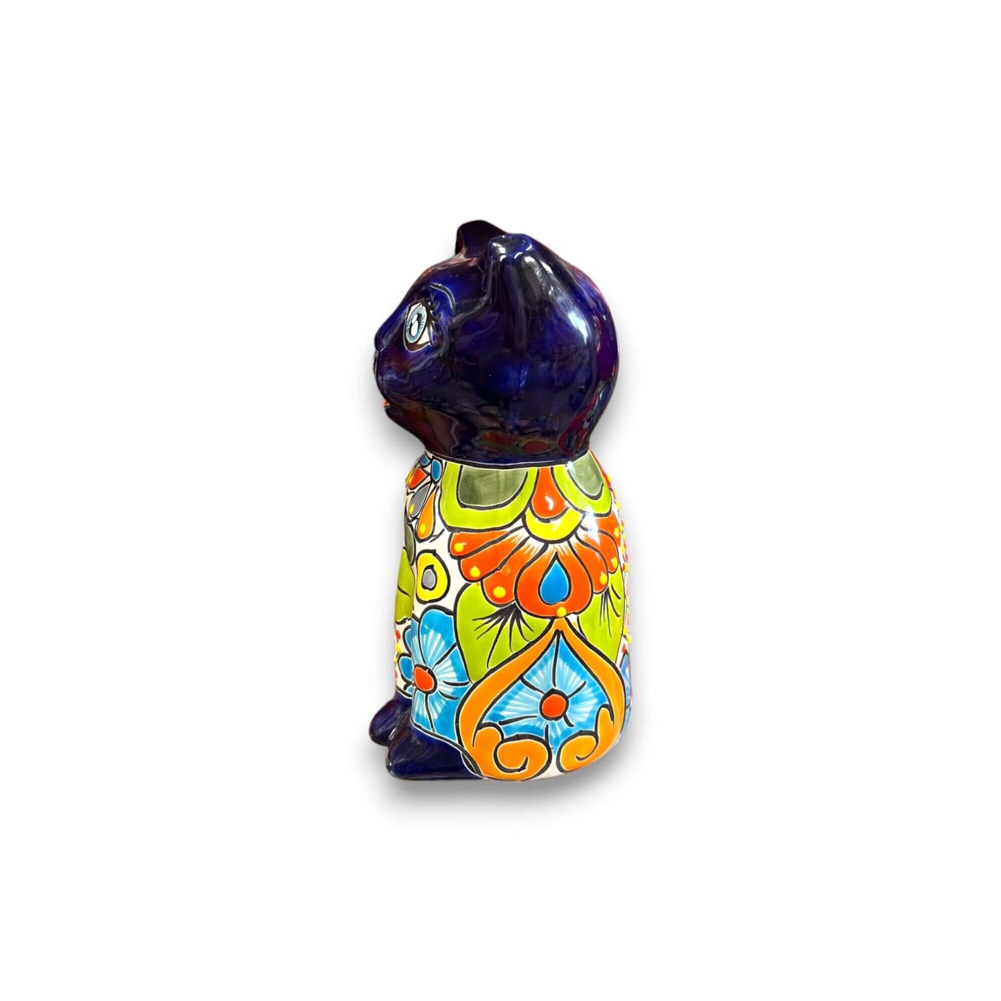 Hand-Painted Talavera Cat Statue | Medium Mexican Folk Art - hand-painted blue & multicolor floral ceramic cat from Guanajuato, lead-free glaze
