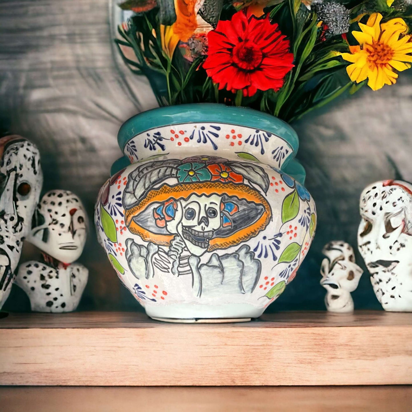 Talavera Catrina Planter | Hand-Painted Artisan Flower Pot hand-painted Talavera Catrina ceramic planter with colorful flowers, kiln-fired, Guanajuato artisan