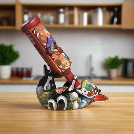 Talavera Chihuahua Bottle Holder | Hand-Painted Mexican Dog Statue - black floral ceramic chihuahua wine bottle holder