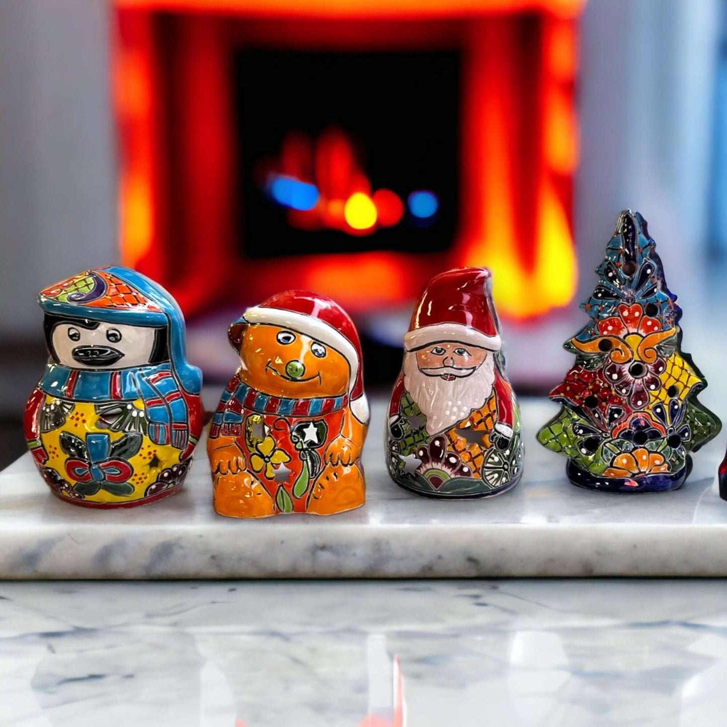 Hand-Painted Talavera Teddy Bear Statue | Festive Christmas Decor (Medium Size) - hand-painted Mexican holiday ceramic bear on mantel