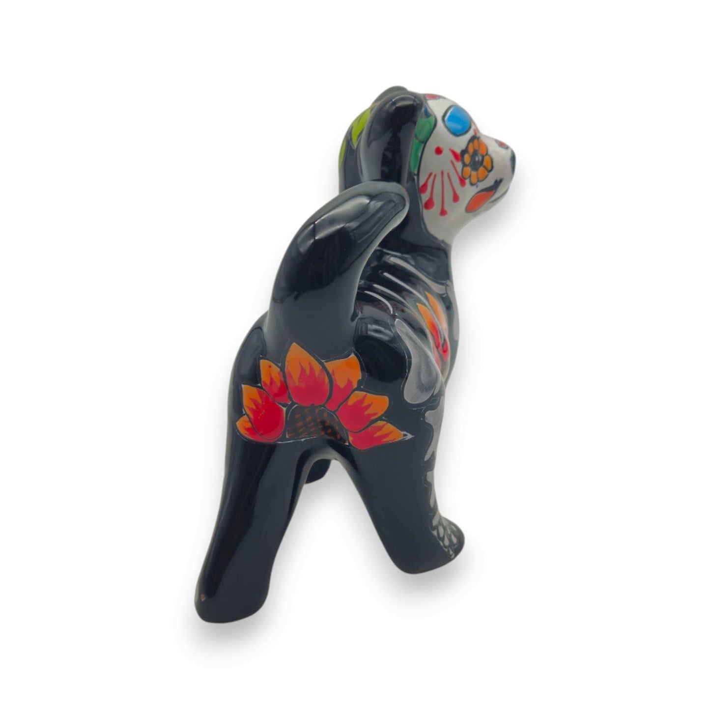 Talavera Chihuahua Figurine | Hand-Painted Day of the Dead Art - glossy black chihuahua with painted skeletal motifs, orange floral accents and green details