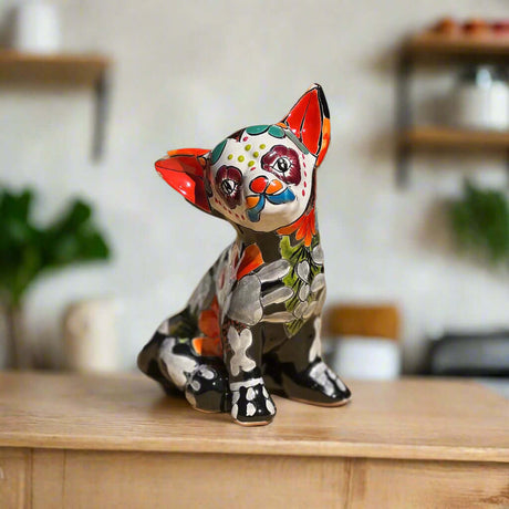 Talavera Chihuahua Statue | Day of the Dead Mexican Pottery Decor hand-painted sitting chihuahua from Guanajuato, colorful Talavera skull motifs