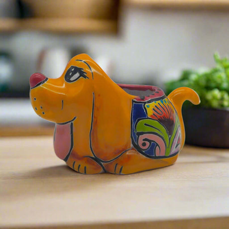 Colorful Talavera Dog Planter | Hand-Painted Mexican Figurine - bright hand-painted Talavera dog planter with floral details, kiln-fired lead-free glaze