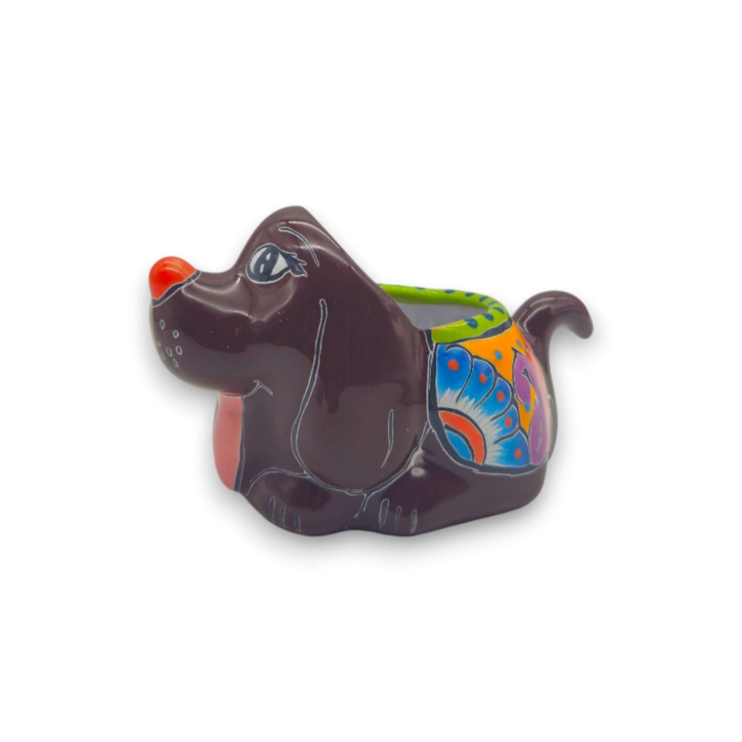 Colorful Talavera Dog Planter | Hand-Painted Mexican Figurine - handcrafted dark-brown dog planter with bright floral back and green interior
