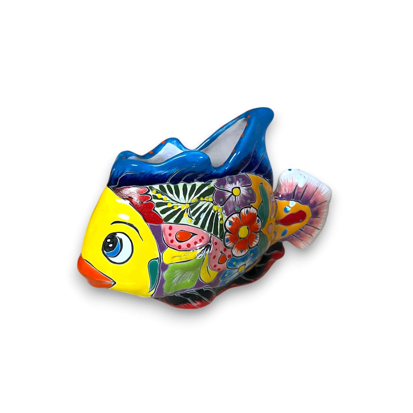 Talavera Fish Planter | Hand-Painted Colorful Mexican Pottery - vibrant hand-painted fish-shaped ceramic planter with floral motifs, yellow face, blue fins