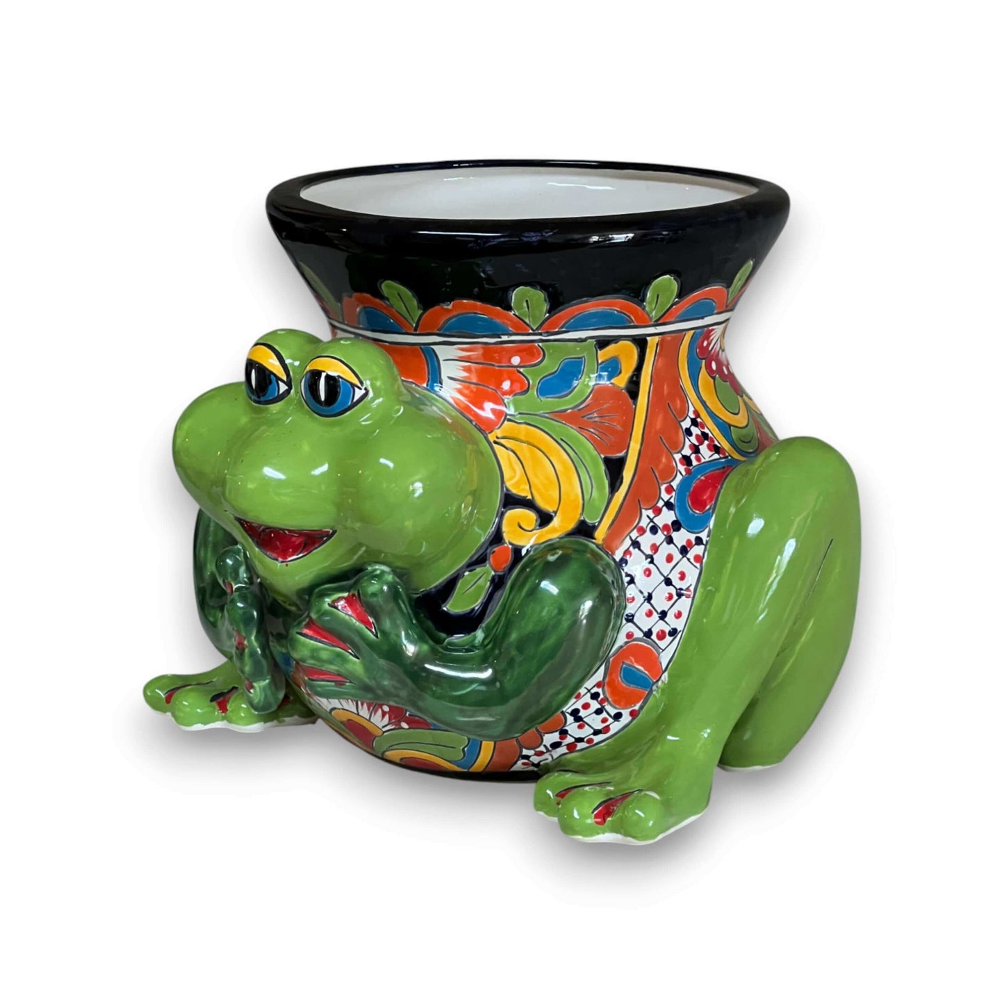 Talavera Frog Planter | Colorful Hand-Painted Mexican Ceramic Pot - hand-painted green frog wrapped around vibrant Talavera planter, lead-free glaze