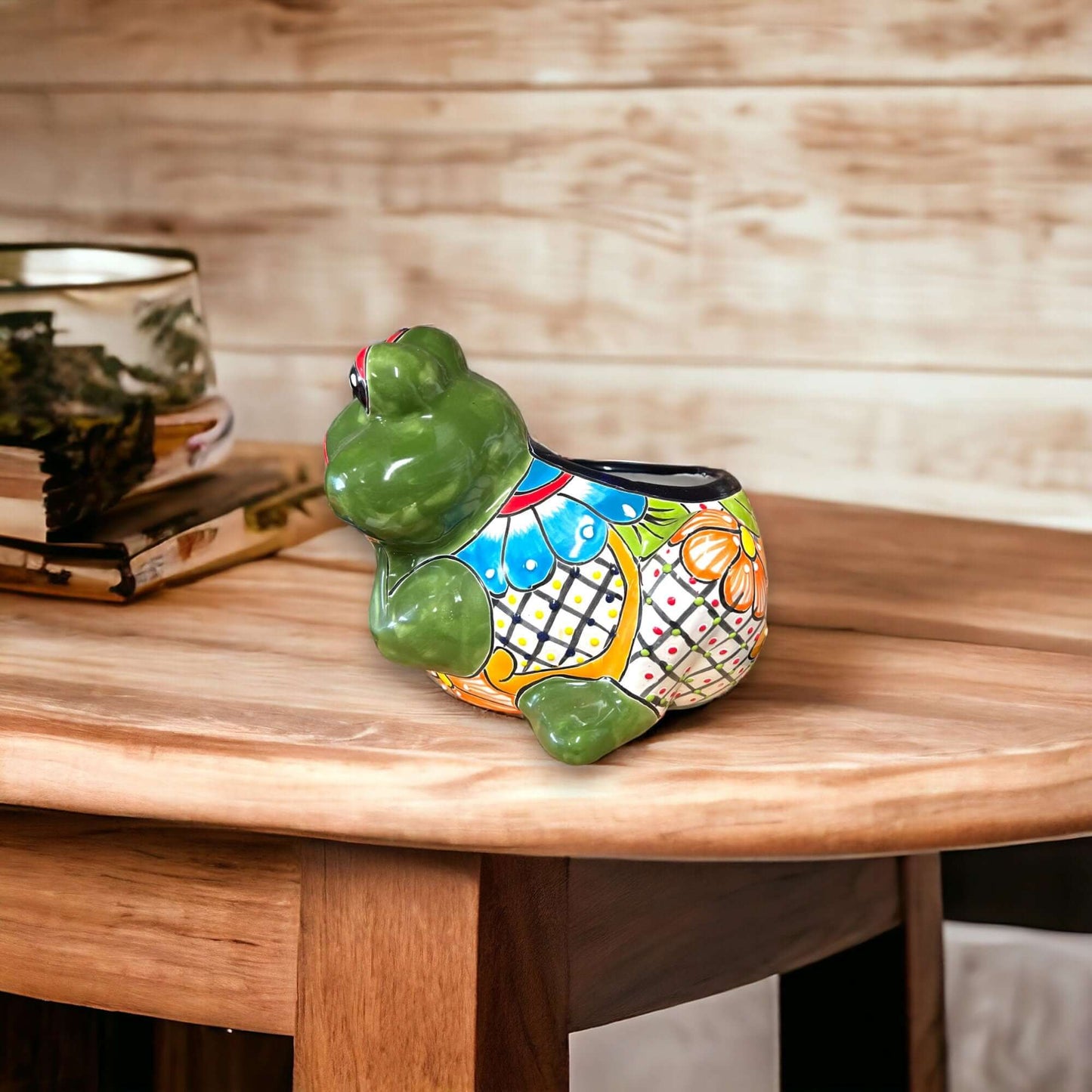 Hand-Painted Talavera Frog Planter | Mexican Art Pottery (Medium Size) - hand-painted green frog planter with colorful Talavera patterns, kiln-fired lead-free glaze