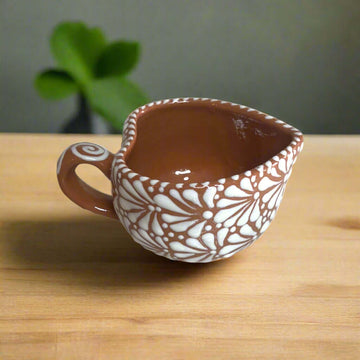 Talavera Heart Mug | Hand-Painted Mexican Coffee Cup hand-painted brown heart-shaped Talavera ceramic cup with white floral design