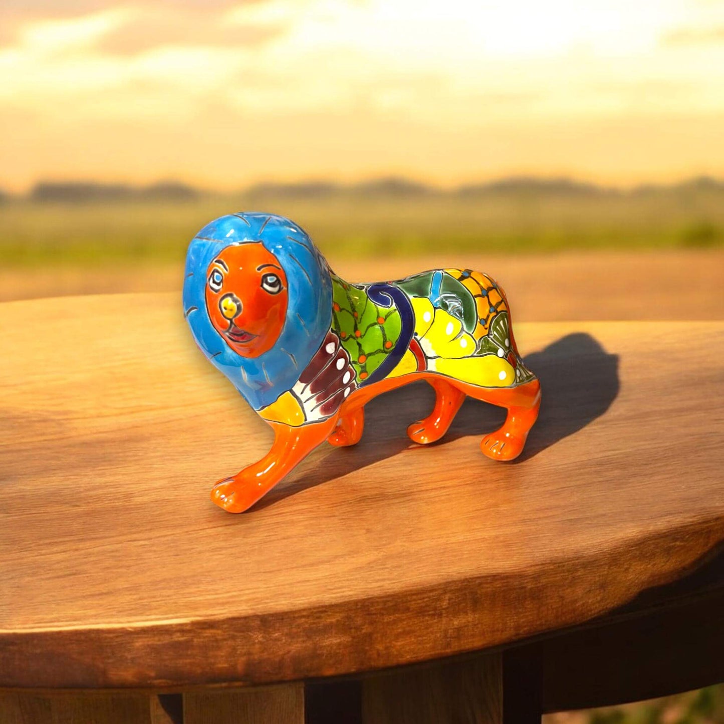 Talavera Lion Statue | Hand-Painted Colorful Mexican Art - hand-painted Talavera lion sculpture from Guanajuato, vibrant lead-free glaze