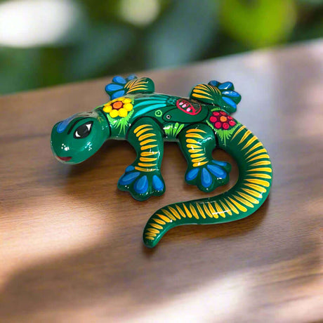 Hand-Painted Talavera Lizard Figurine | Colorful Mexican Wall Decor - hand-painted Guerrero style green ceramic lizard with floral accents