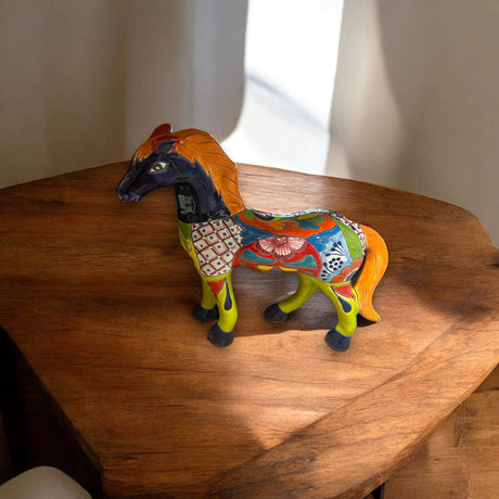Talavera Small Horse Statue | Vibrant Hand-Painted Mexican Decor - hand-painted colorful Talavera horse on wooden table