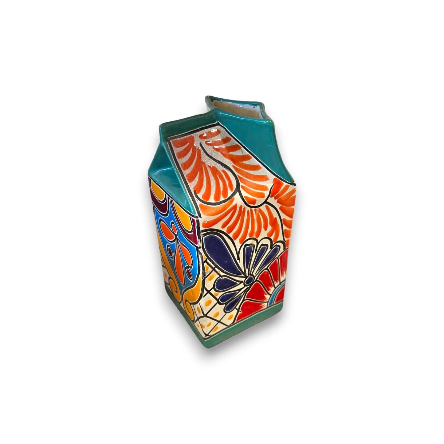 Talavera Hand-Painted Milk Carton | Colorful Mexican Container - vibrant hand-painted Talavera ceramic milk carton with floral patterns