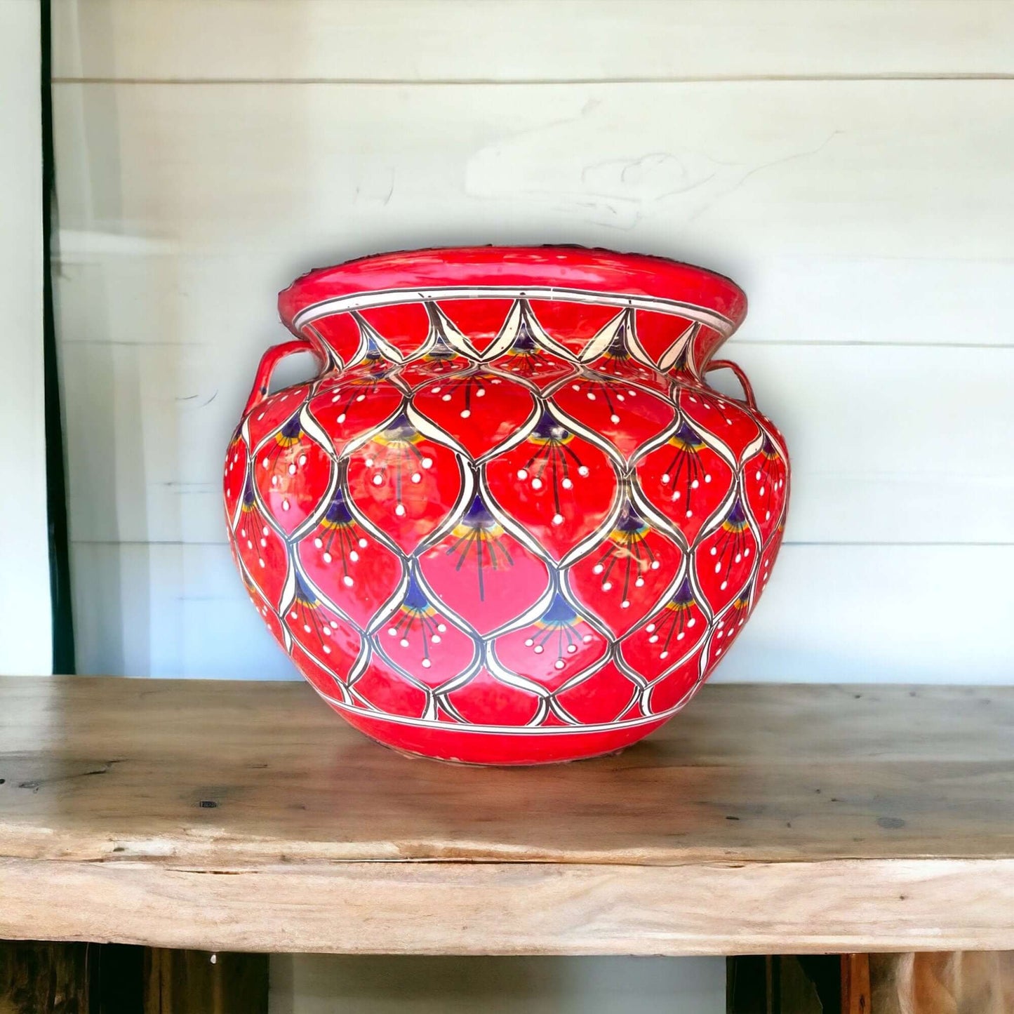 Hand-Painted Talavera Peacock Flower Pot | Extra Large Planter Decor - red hand-painted Talavera peacock design, kiln-fired, lead-free glaze, extra large planter